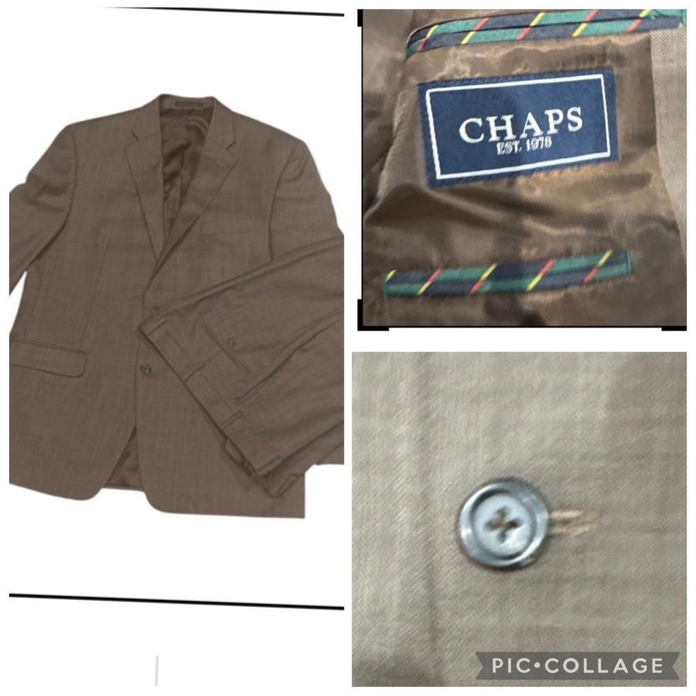 Chaps Mens 42R 100% Wool 2 Piece Suit Tan Brown 2 Button Blazer Pants 36W x 30L